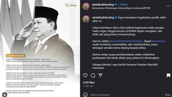 Postingan Menteri P2MI Abdul Kadir Karding. [Instagram]